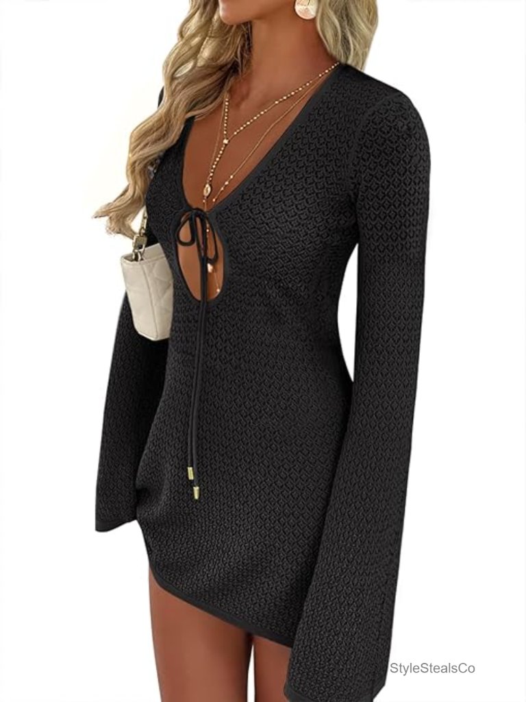 Women's Crochet Mesh Knit Swim Cover Up Dress V-Neck Long Sleeve Beach Vacation